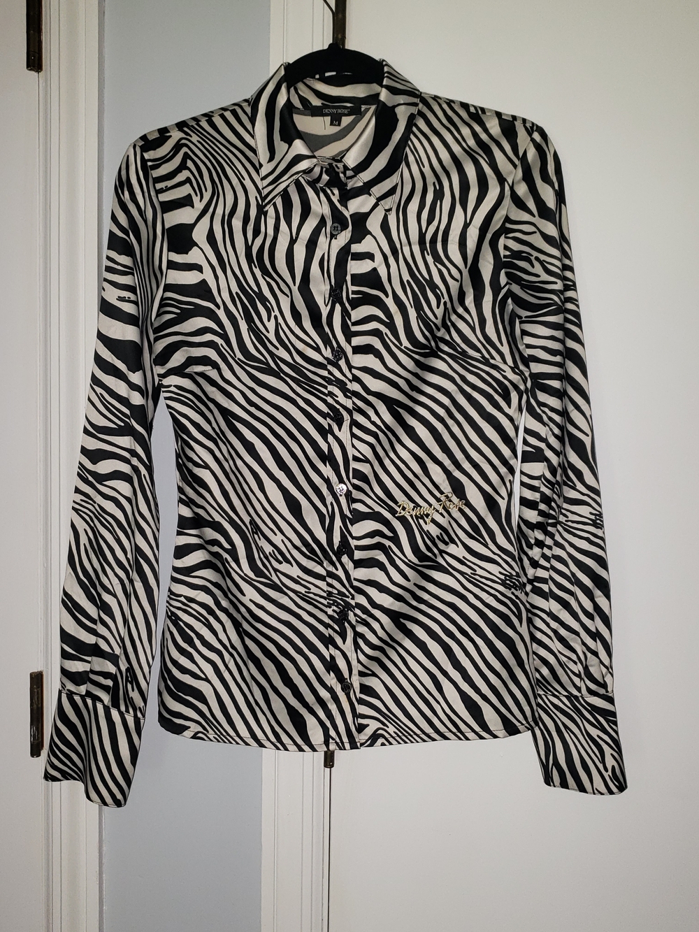 Zebra-Print Button-Down Blouse in Black & White Charmuse Matching Belt Sz Medium